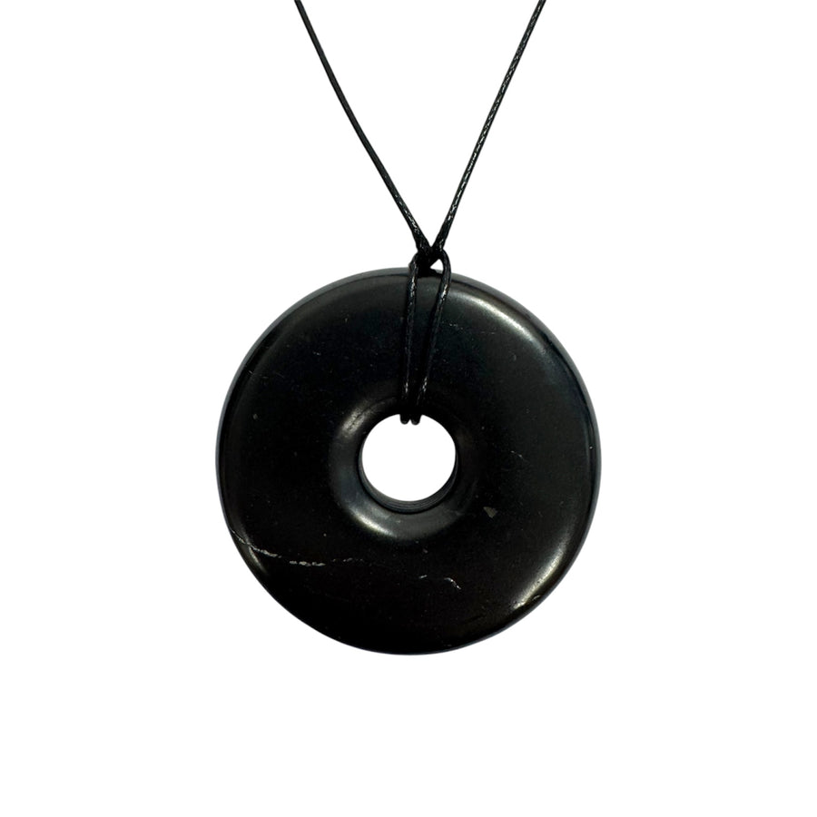 Shungite donut pendant 45mm on black vegan cord, polished Karelia shungite for grounding and EMF protection
