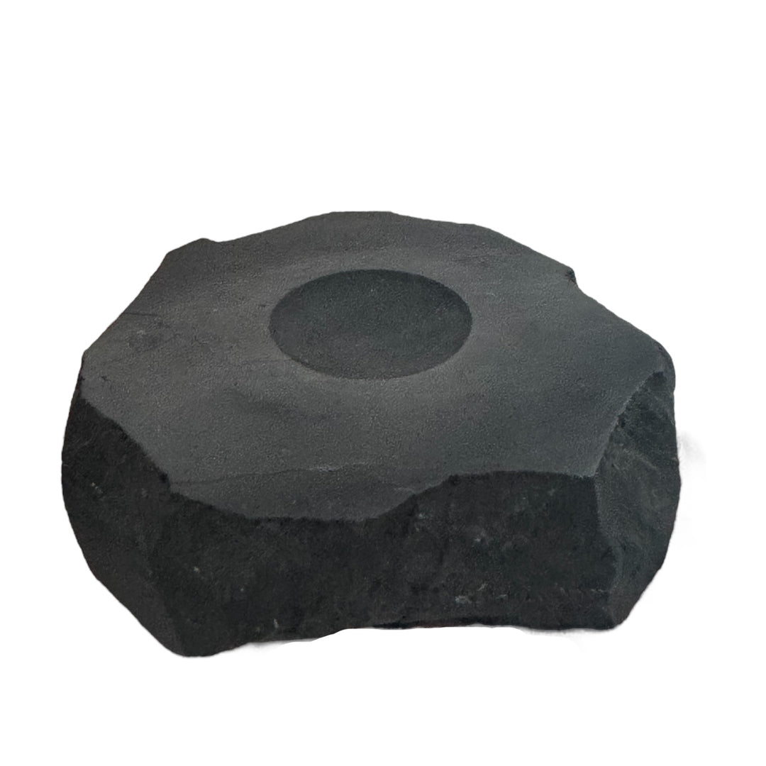 Medium shungite base with carved circular indent, ideal for displaying crystal spheres and providing energy protection.