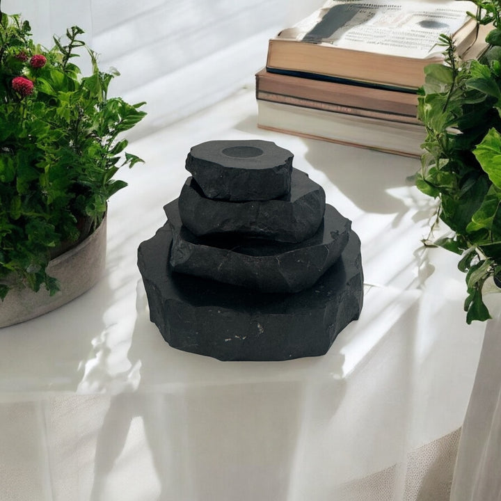 Shungite base stack displayed on a table with plants and books, showcasing its natural raw beauty and polished sphere stand.