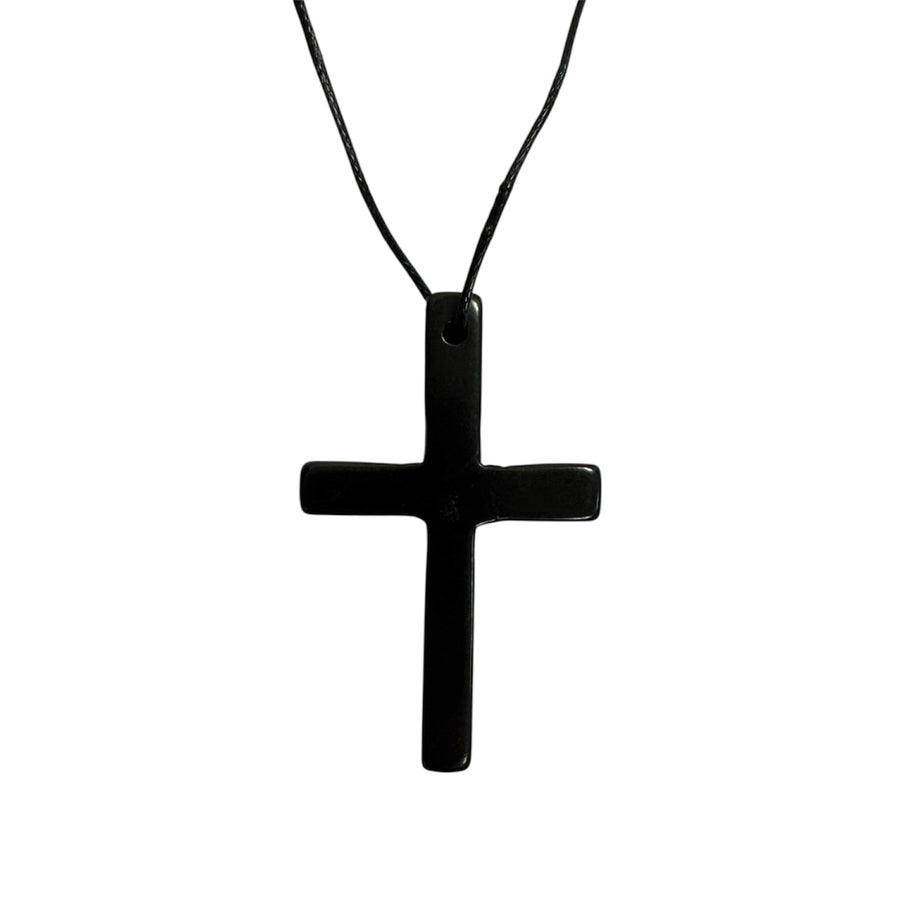 Shungite cross pendant on black vegan cord, polished Karelia shungite for grounding and EMF protection
