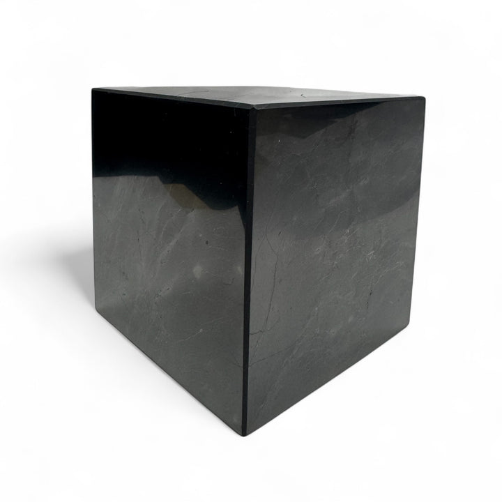 80mm polished Shungite cube with smooth black surface – EMF protection and grounding crystal, natural Russian mineral.