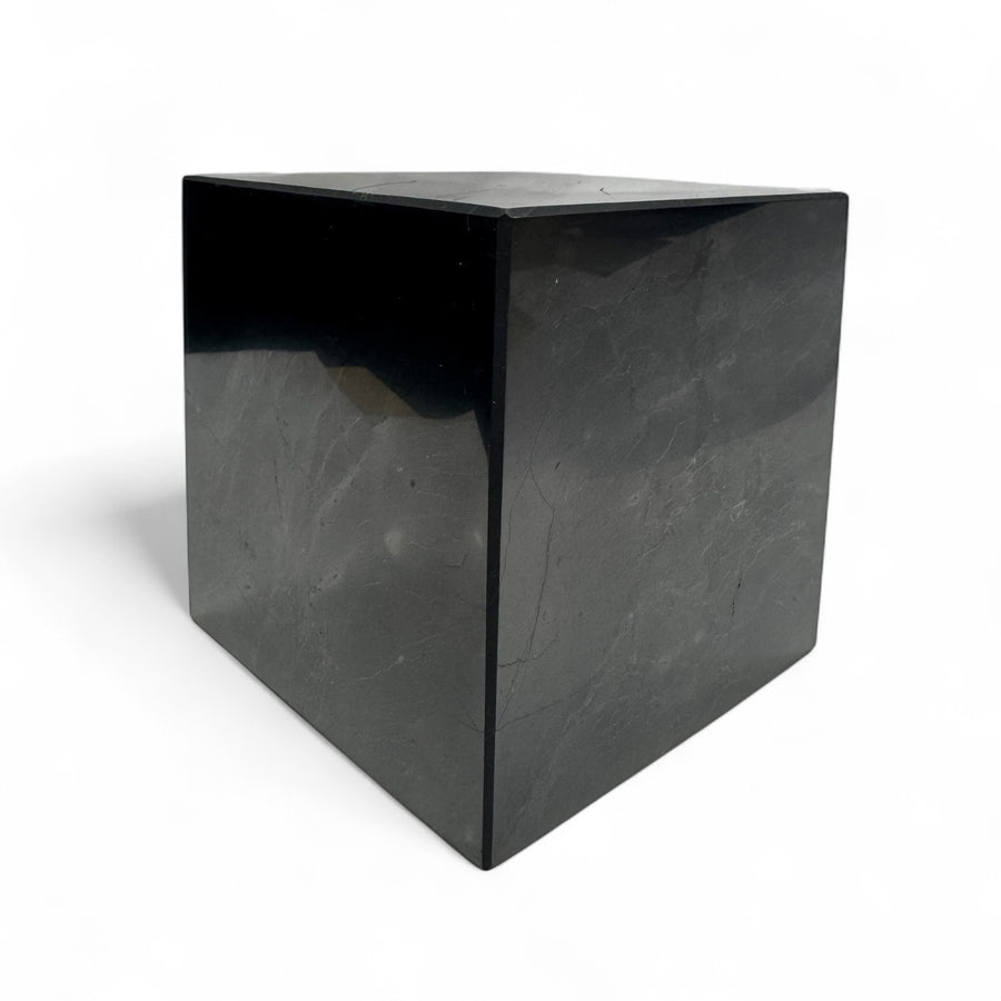 80mm polished Shungite cube with smooth black surface – EMF protection and grounding crystal, natural Russian mineral.