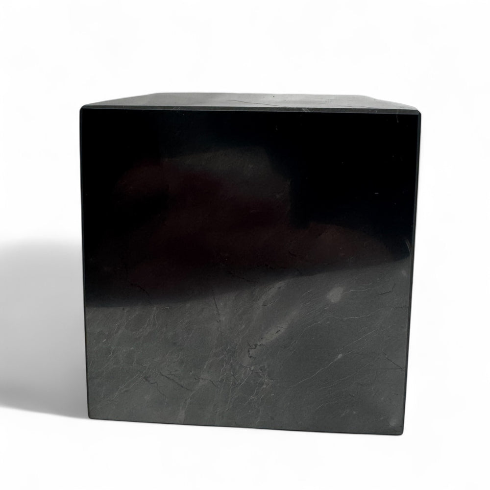 Front-facing view of 80mm Shungite cube – large polished crystal for energy shielding, meditation, and healing spaces.
