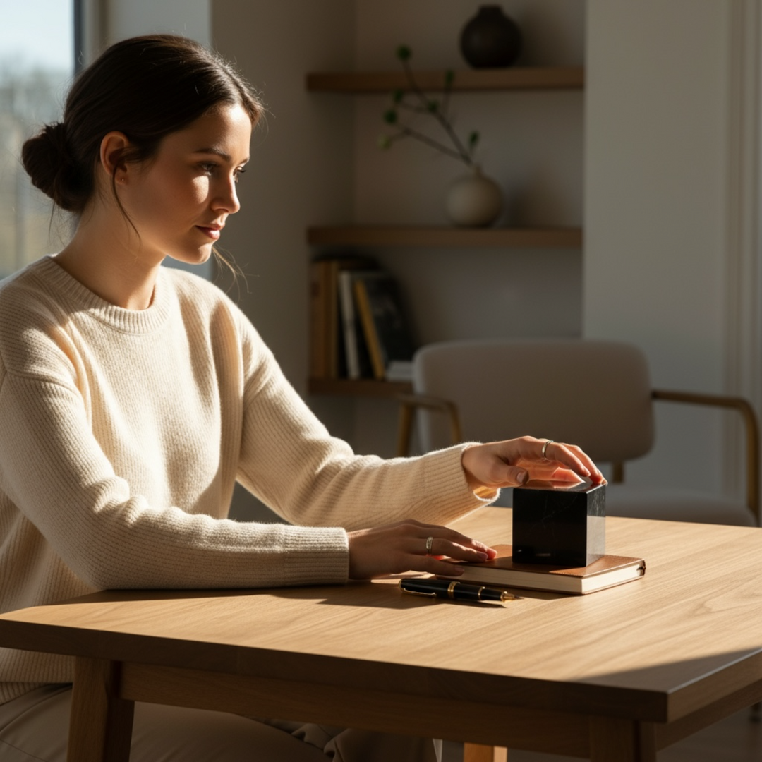 Woman placing 80mm Shungite cube on desk – grounding and protective crystal for focus, meditation, and energy balance.
