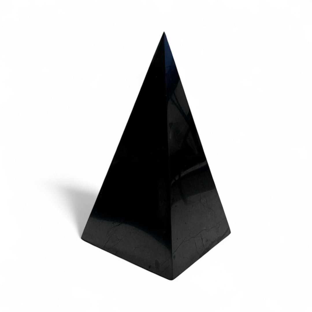 Polished 5cm Shungite Nubian Pyramid – sacred geometry crystal for grounding, healing, and energy cleansing.