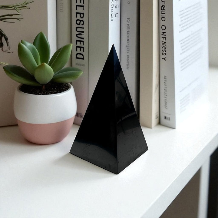 5cm Shungite Nubian Pyramid placed on bookshelf with plants and decor – stylish energy-cleansing crystal for home protection.