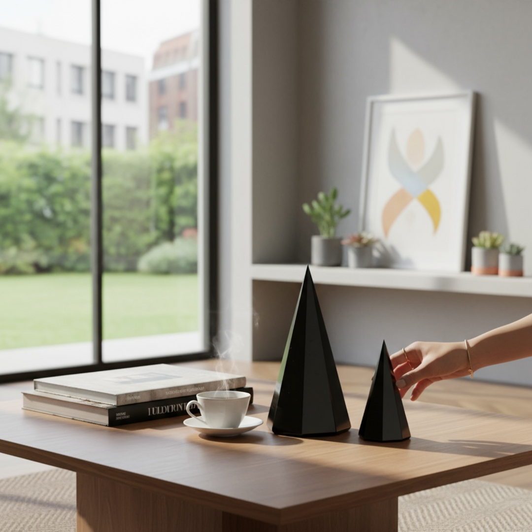 Shungite octagonal pyramids in 50mm and 10cm sizes displayed on a table, decorative healing crystals for meditation, protection, and positive energy
