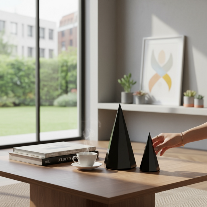 Shungite octagonal pyramids in 50mm and 10cm sizes displayed on a table, decorative healing crystals for meditation, protection, and positive energy