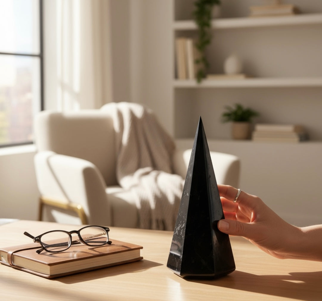 Large 10cm shungite octagonal pyramid placed on a wooden desk with books and glasses, hand reaching for it, symbolizing grounding and focus.