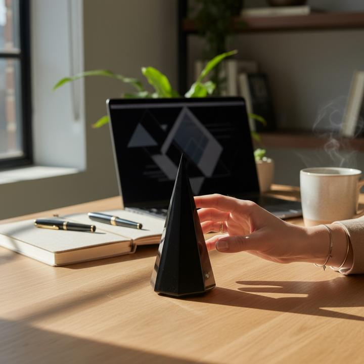 Large 12cm shungite octagonal pyramid on work desk – natural crystal pyramid for focus, balance, and workspace EMF shielding.