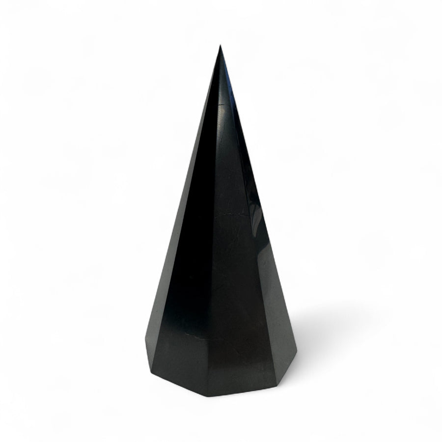 Polished 12cm octagonal shungite pyramid – sleek black energy stone pyramid for home décor, healing, and spiritual protection.