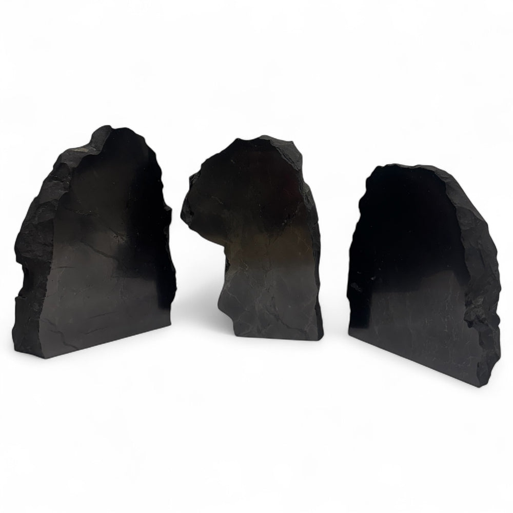 Set of three large one-face polished shungite crystals with smooth polished surfaces and raw sides, displayed on white background.