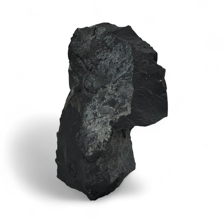 Back view of a large raw shungite stone with unpolished natural texture, highlighting its carbon-rich composition.