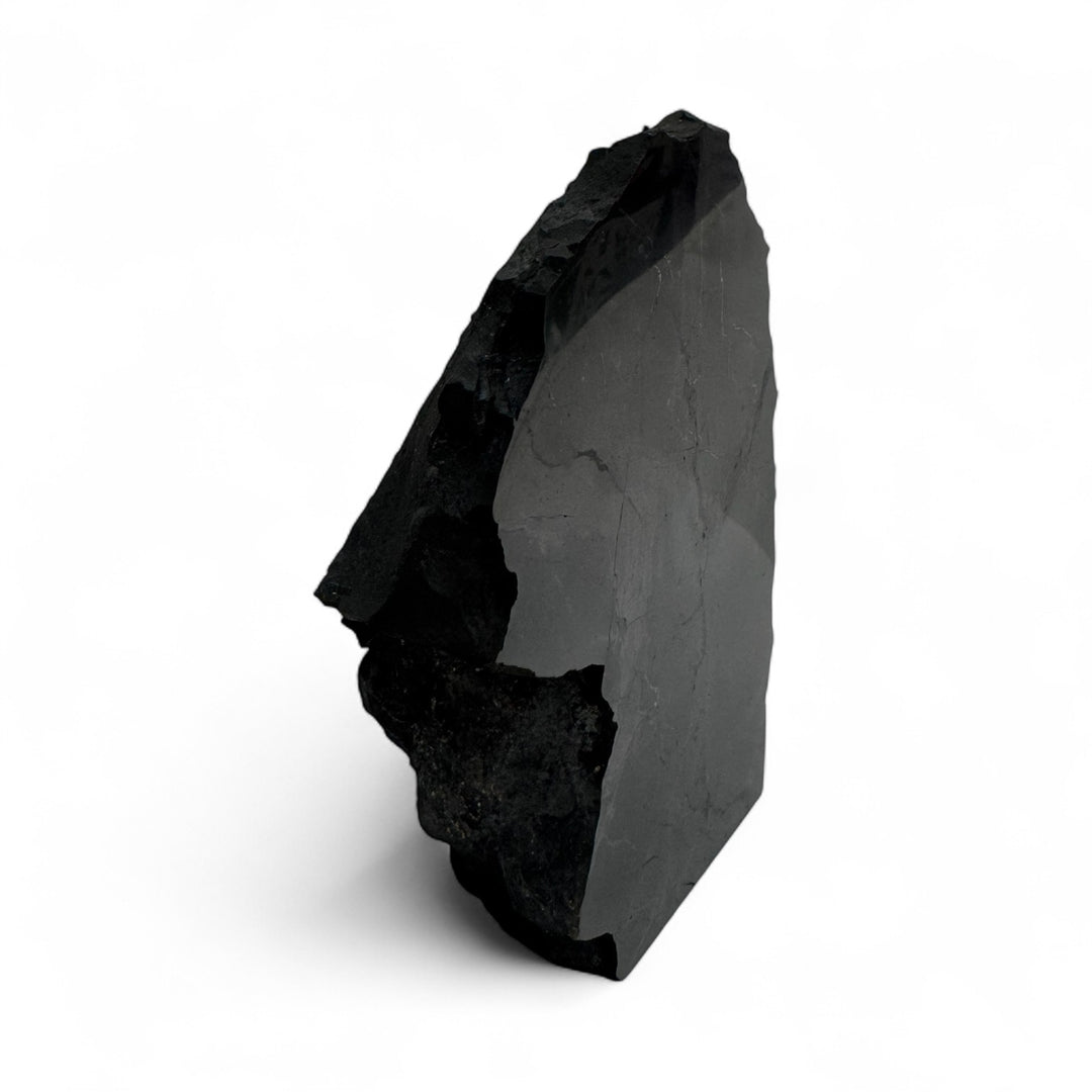Angled view of a large shungite stone with one polished face and rugged black edges.
