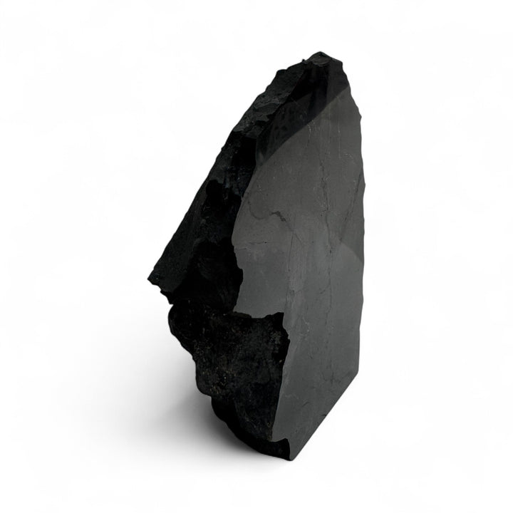 Angled view of a large shungite stone with one polished face and rugged black edges.