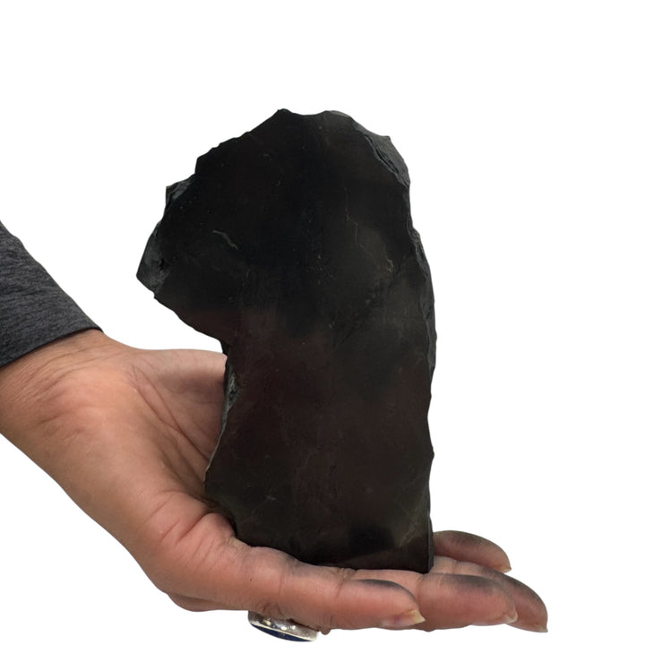 Hand holding a large one-face polished shungite crystal, showing its size, glossy surface, and natural edges.
