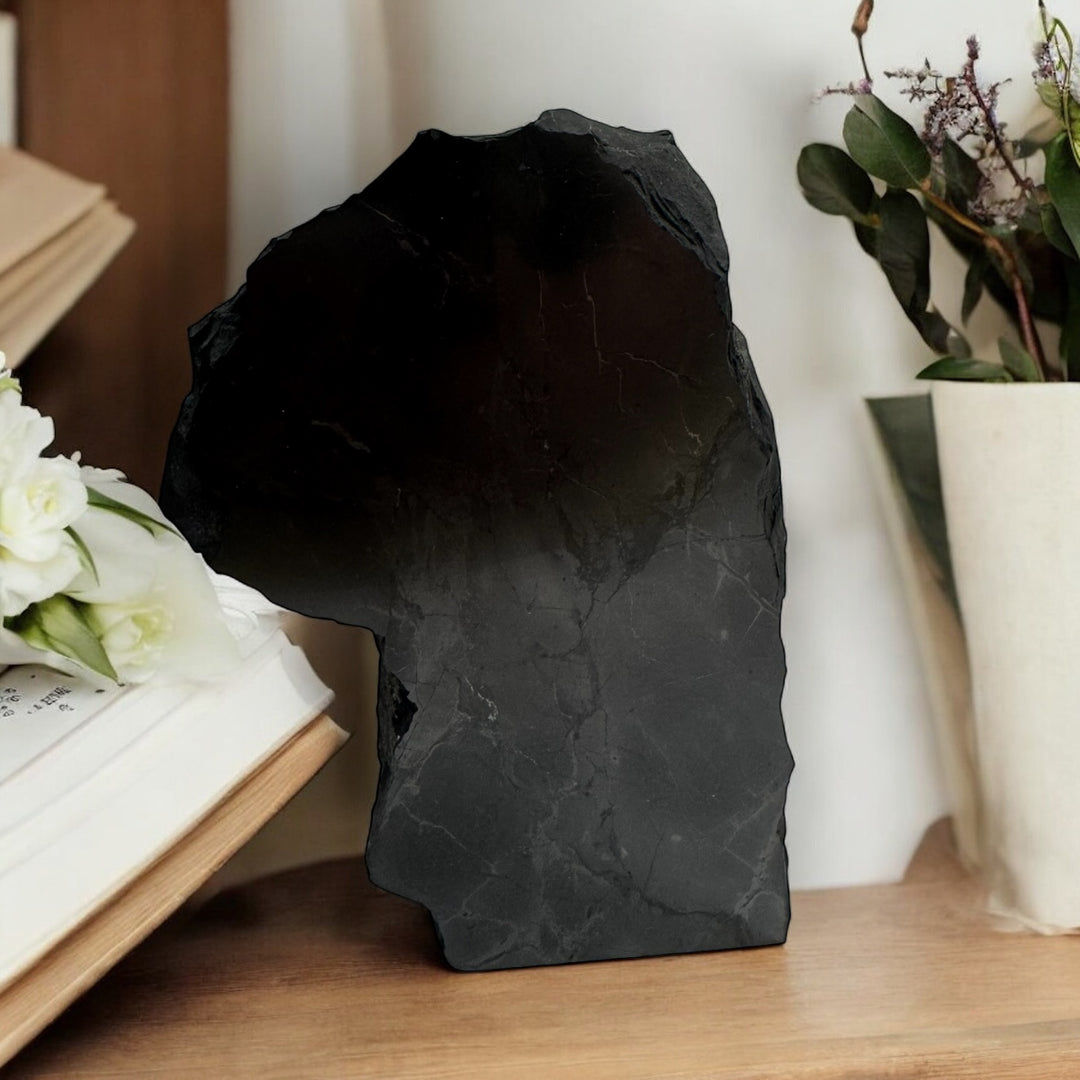Large one-face polished shungite stone displayed on a wooden shelf with flowers and books, used as decor and for energy balancing.