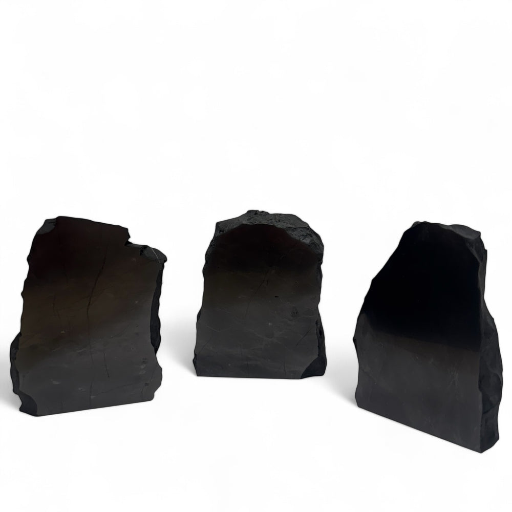 Set of three medium one-face polished shungite stones with smooth surfaces and raw natural sides, displayed on white background.