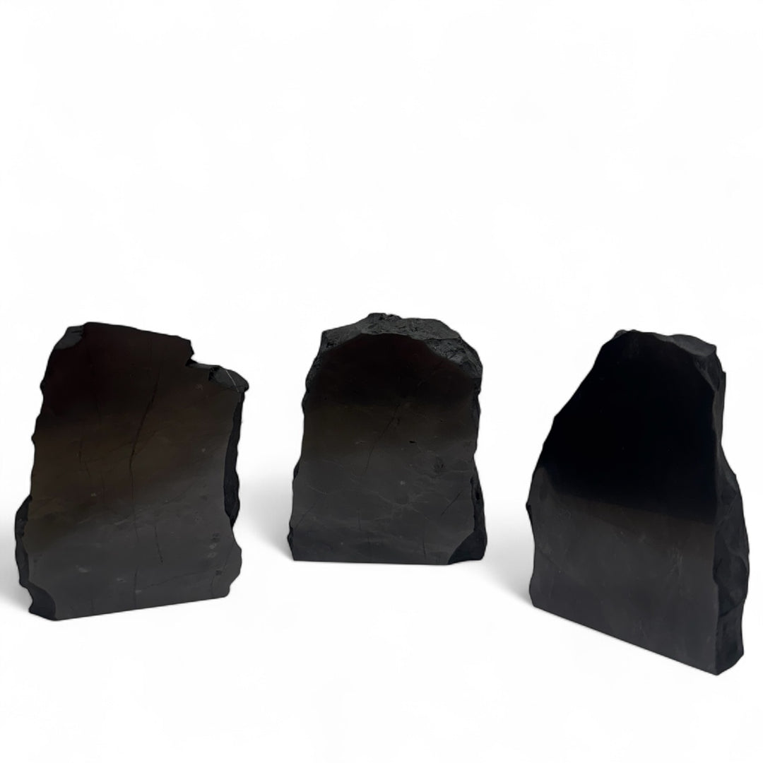 Set of three medium one-face polished shungite stones with smooth surfaces and raw natural sides, displayed on white background.