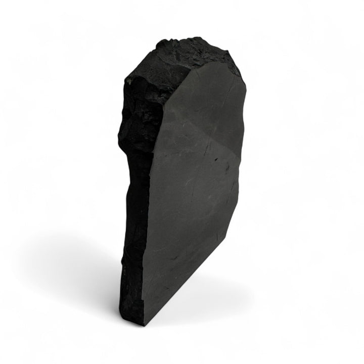 Side view of a medium shungite stone with one polished surface and rugged natural texture.
