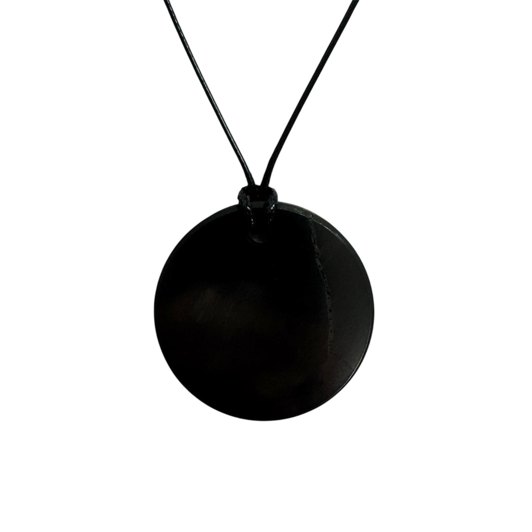 Shungite round pendant on black vegan cord, polished Karelia shungite for grounding and EMF protection
