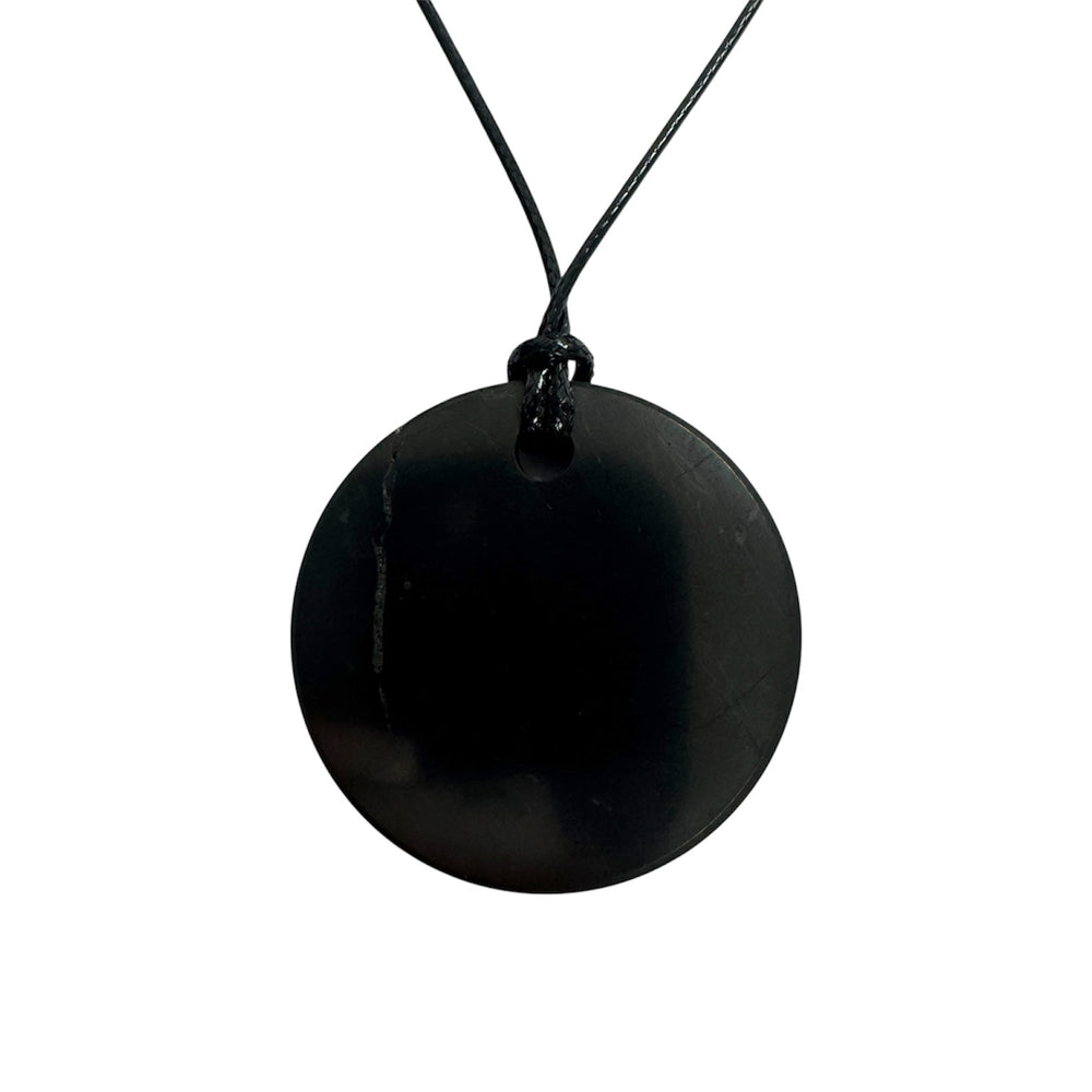 Shungite round pendant on black vegan cord, polished Karelia shungite for grounding and EMF protection
