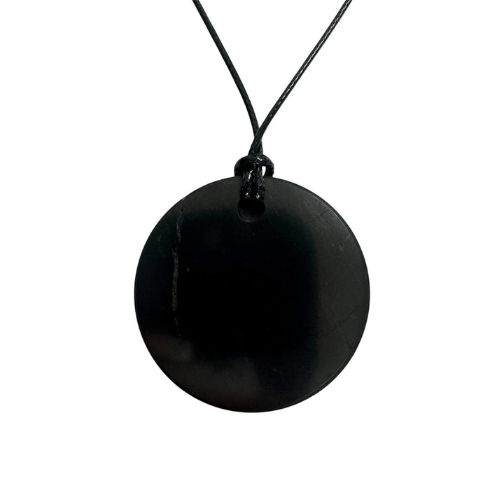 Shungite round pendant on black vegan cord, polished Karelia shungite for grounding and EMF protection
