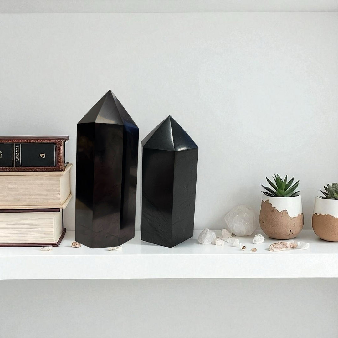 Two shungite towers (10cm and 20cm) displayed on a white shelf with books, quartz crystals, and plants for home energy protection.