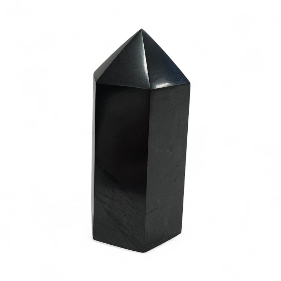 Single 5cm polished shungite tower point, used for grounding, EMF protection, and energy balance.