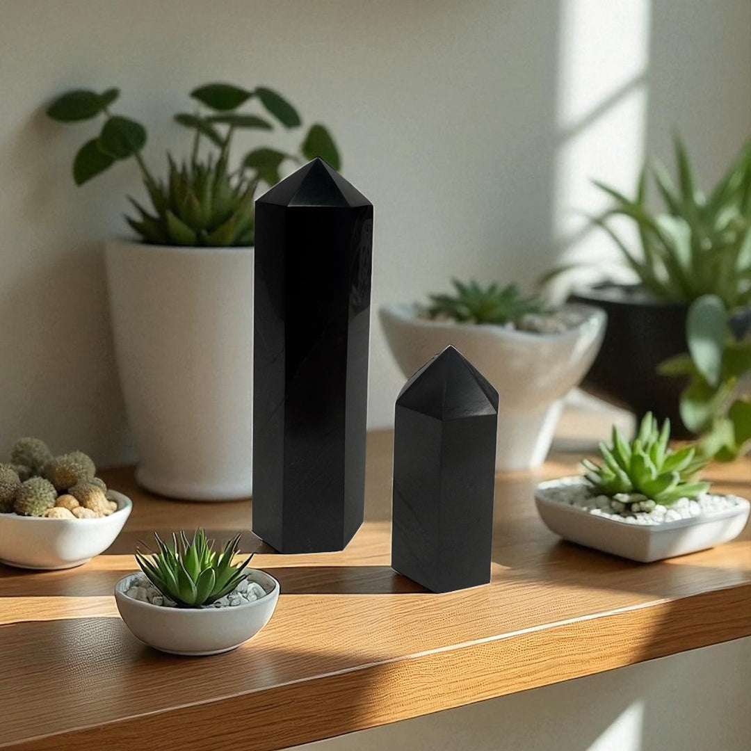 Lifestyle display of 5cm and 10cm shungite crystal towers placed among succulents, ideal for meditation and home energy cleansing.