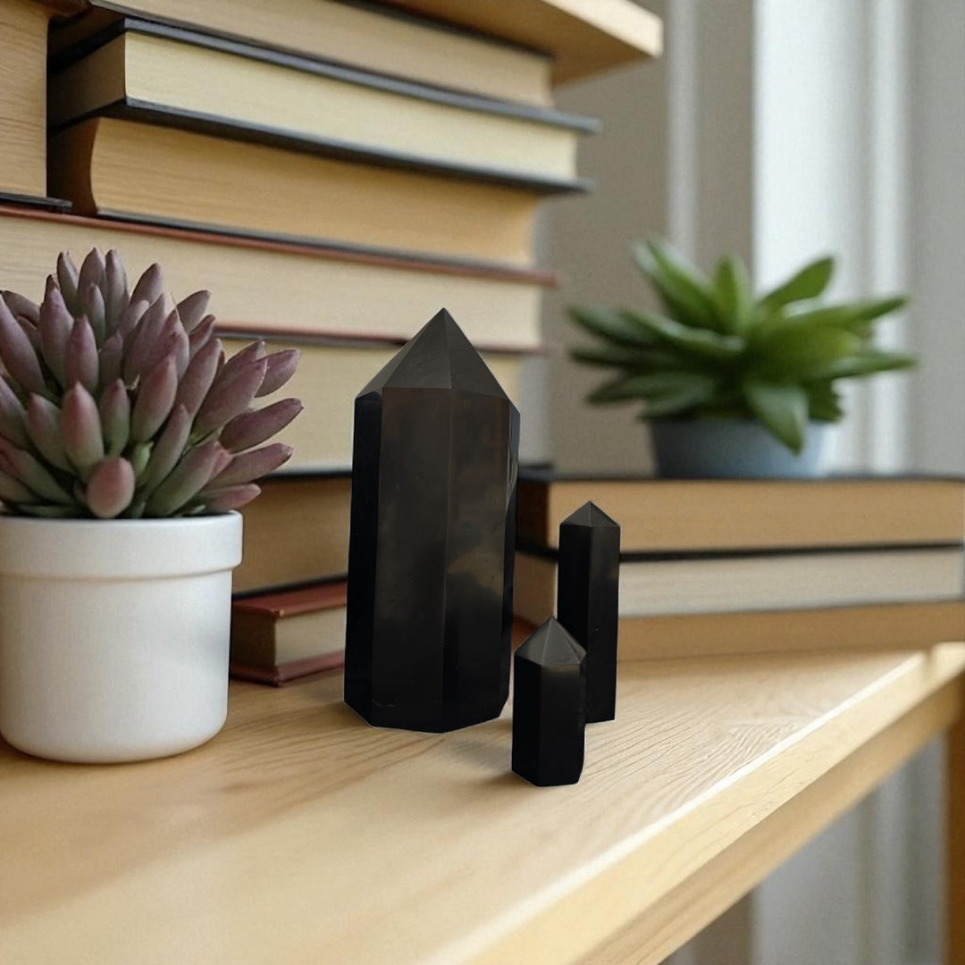 Lifestyle display of 5cm and 10cm shungite crystal towers placed among succulents, ideal for meditation and home energy cleansing.