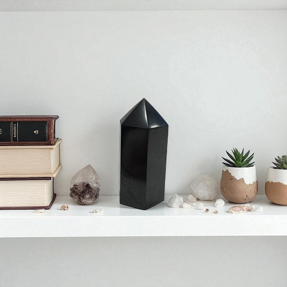 5cm polished shungite tower displayed on a white shelf with books, quartz crystals, and plants for decorative energy protection.