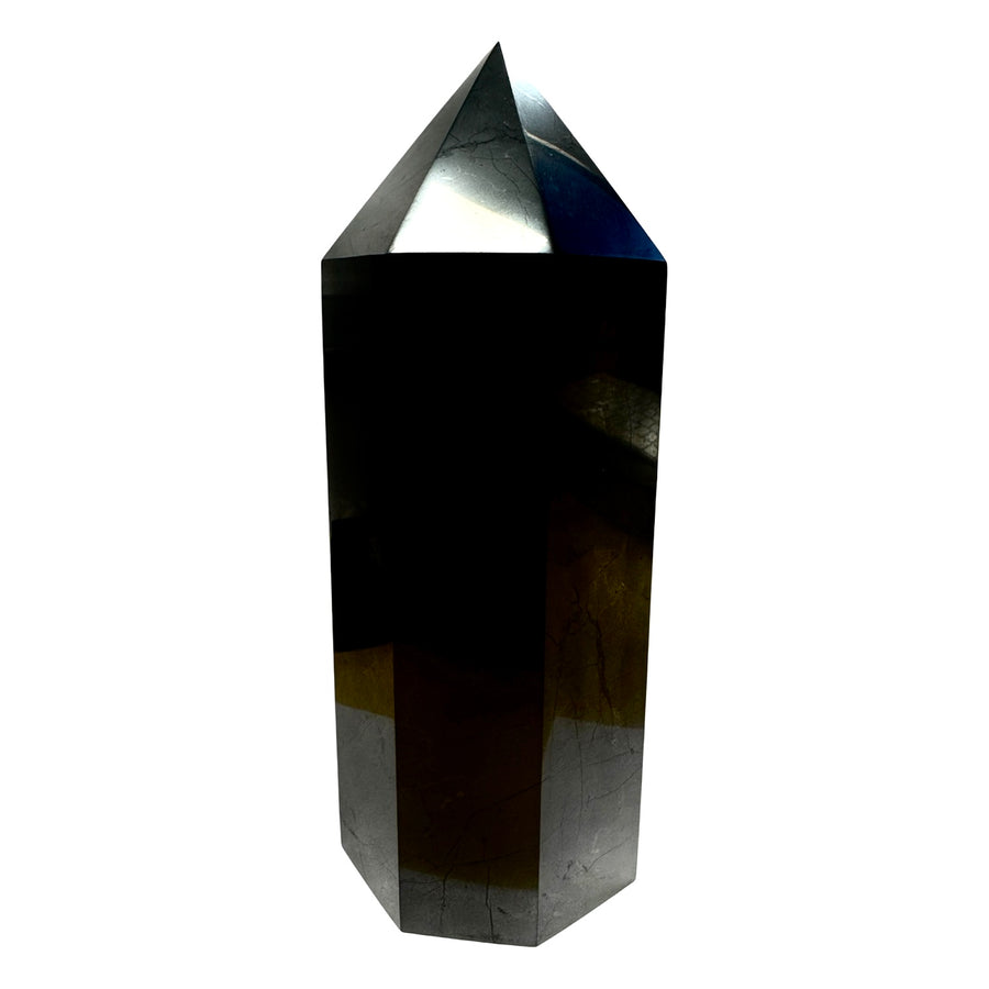 Shungite 20cm Tower on white background, large polished shungite for EMF shielding and energy balance