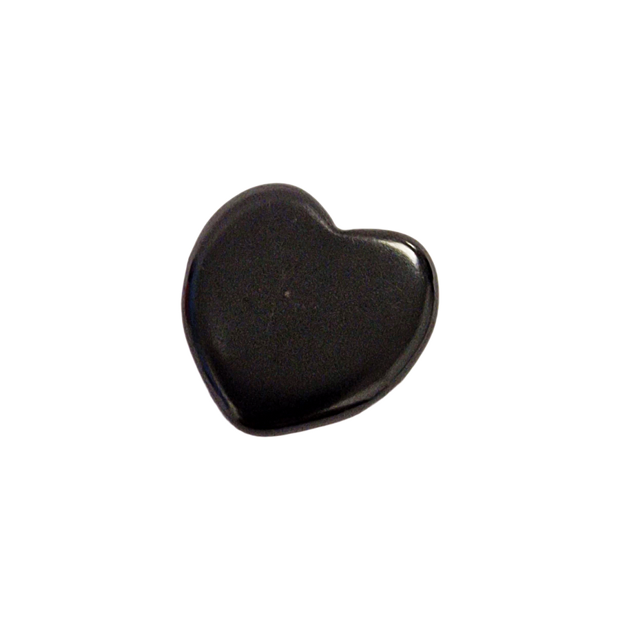 Shungite 30mm heart on white background, polished crystal for love and protection