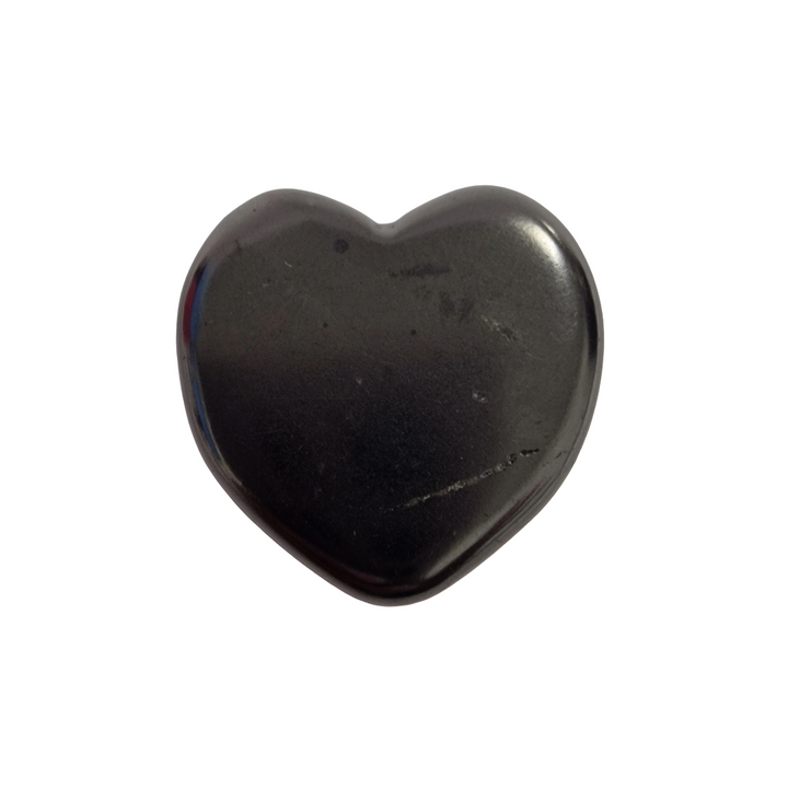 Shungite 30mm heart on white background, polished crystal for love and protection