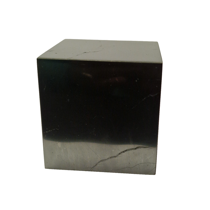Side view of Shungite 70mm Cube on white background, grounding crystal for energy cleansing and protection
