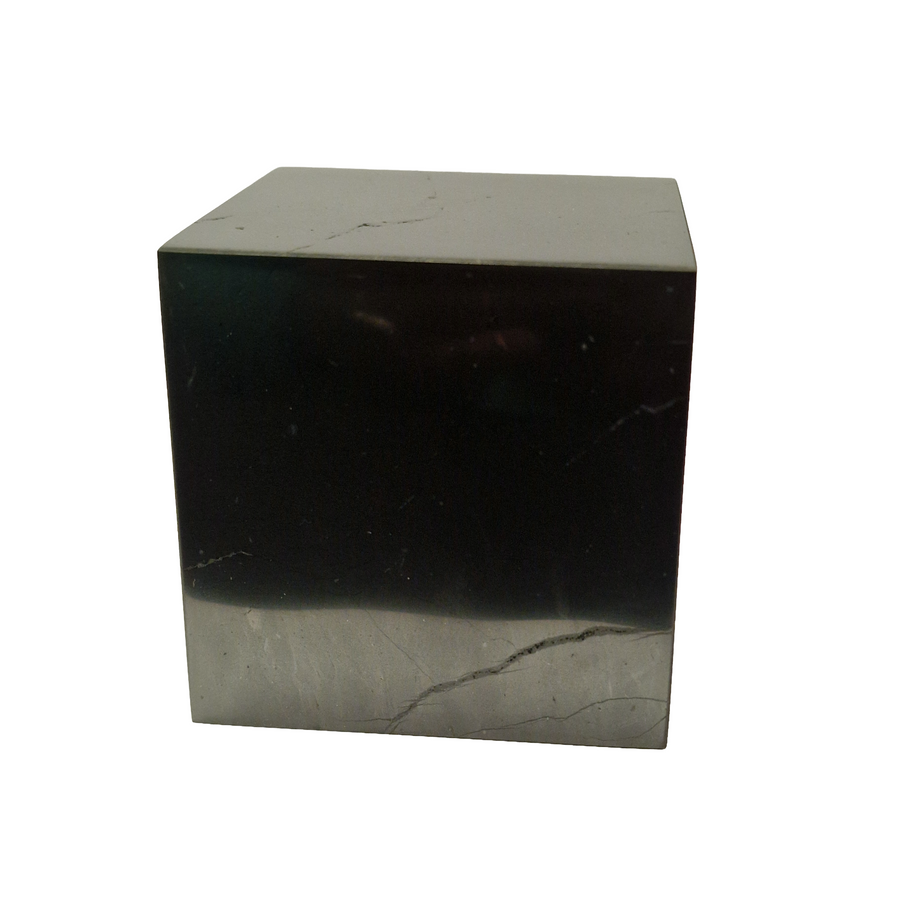Side view of Shungite 70mm Cube on white background, grounding crystal for energy cleansing and protection