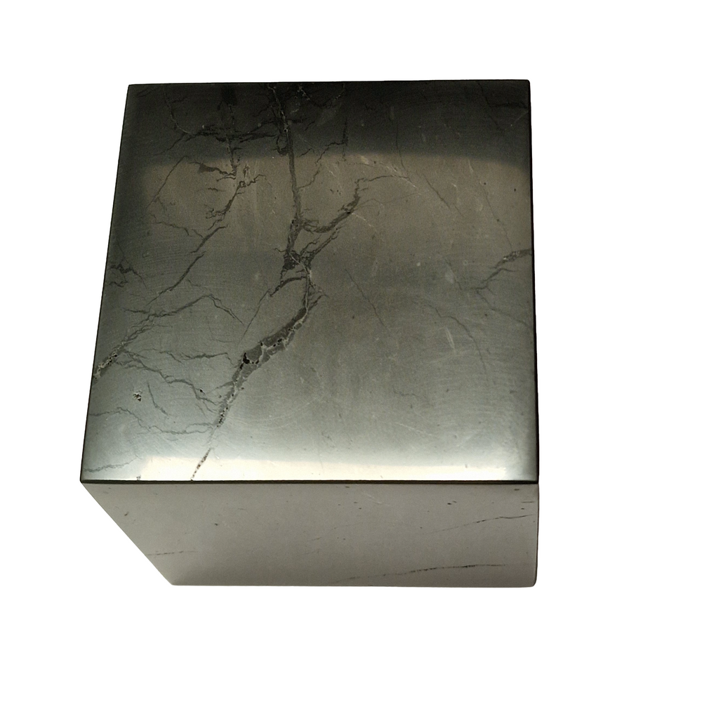 Shungite 70mm Cube on white background, large polished shungite for EMF shielding and stability