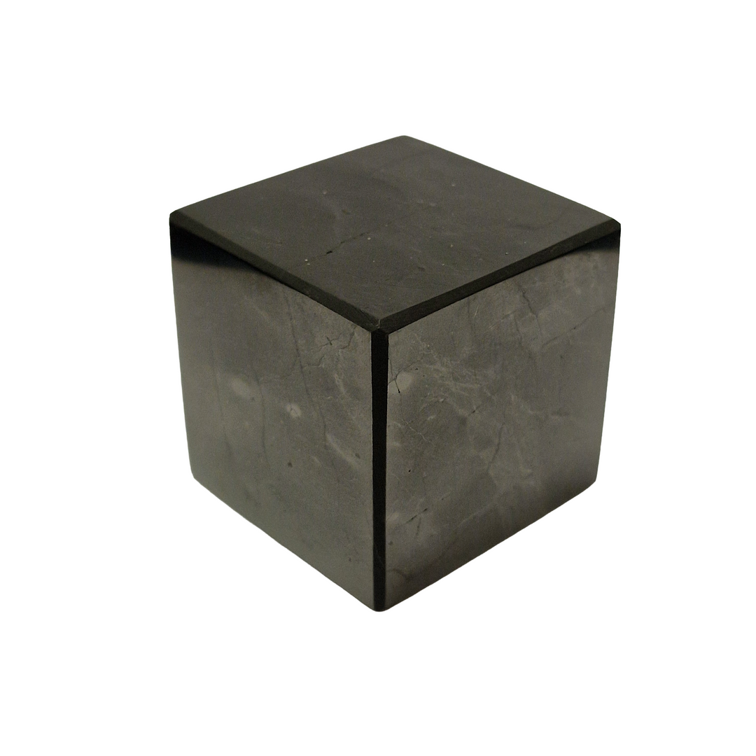 Side view of Shungite 40mm Cube on white background, grounding crystal for energy purification