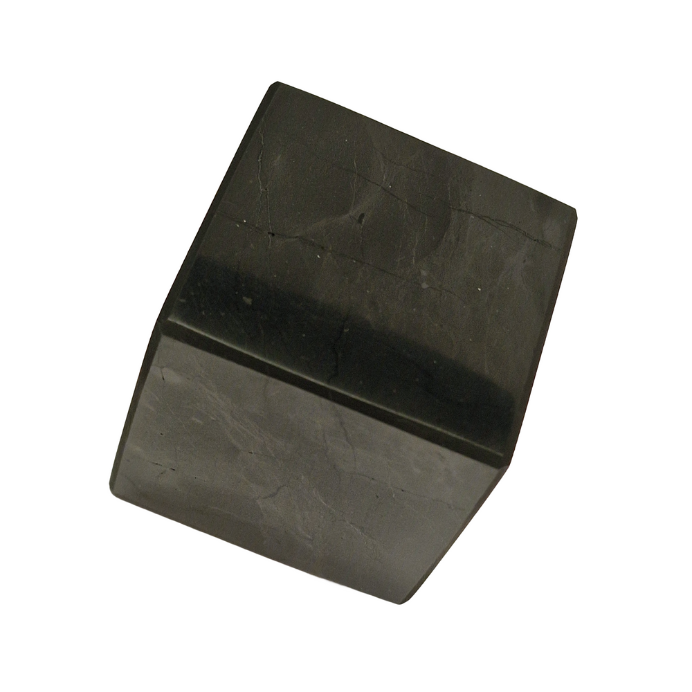 Shungite 40mm Cube on white background, polished shungite for EMF protection and stability
