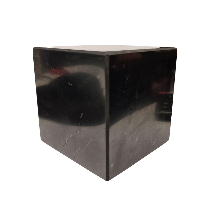 Shungite 10cm Cube on white background, large polished shungite for energy balancing and EMF shielding