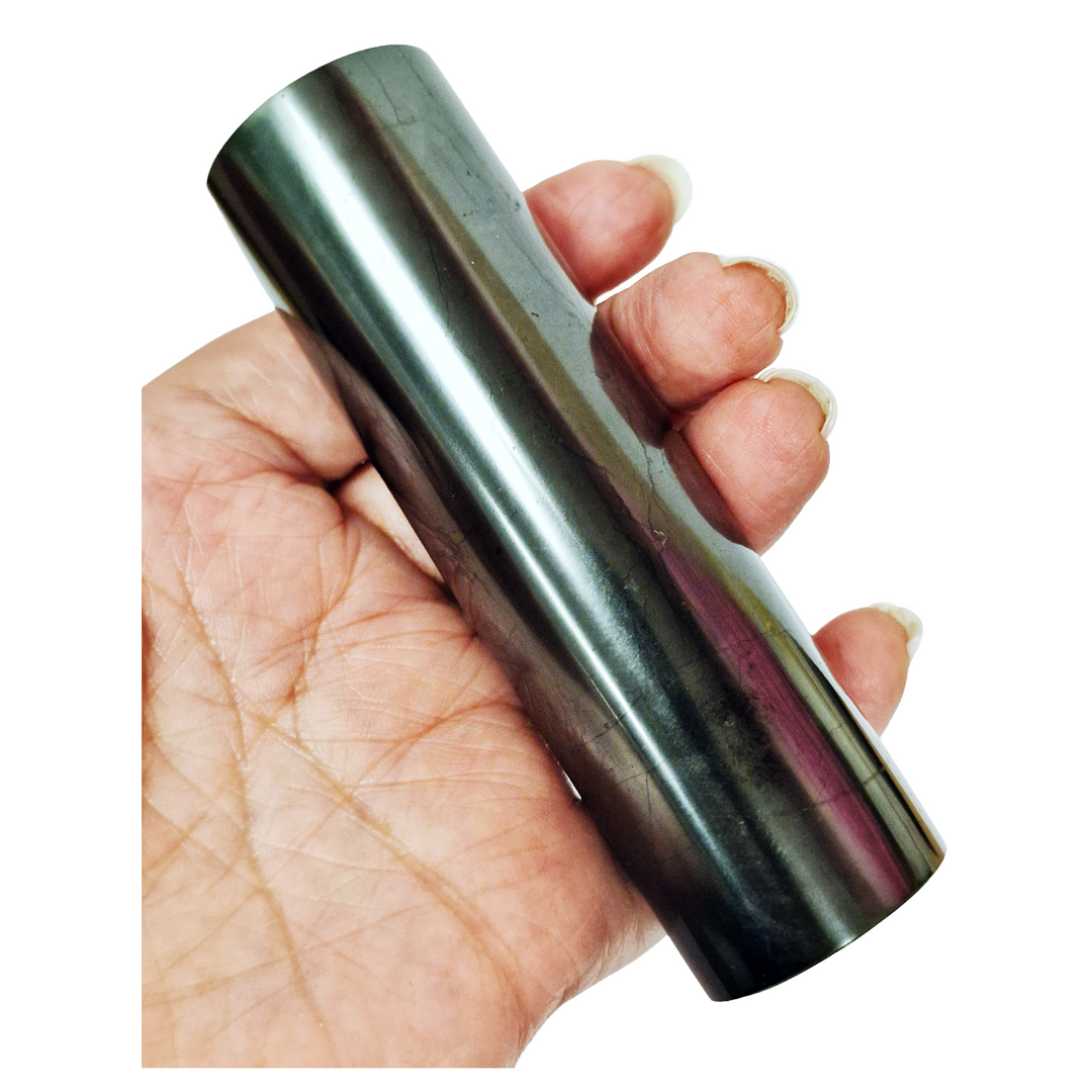 Side view of Shungite Cylinder 10cm on white background, grounding crystal for EMF shielding and spiritual harmony