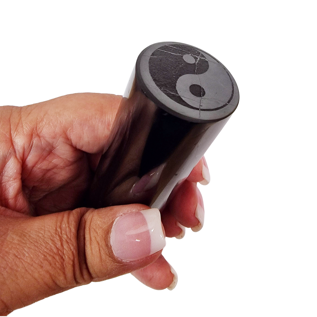 Shungite Cylinder 10cm with Yin Yang and Ohm engraved on opposite ends, sacred symbols for balance and meditation