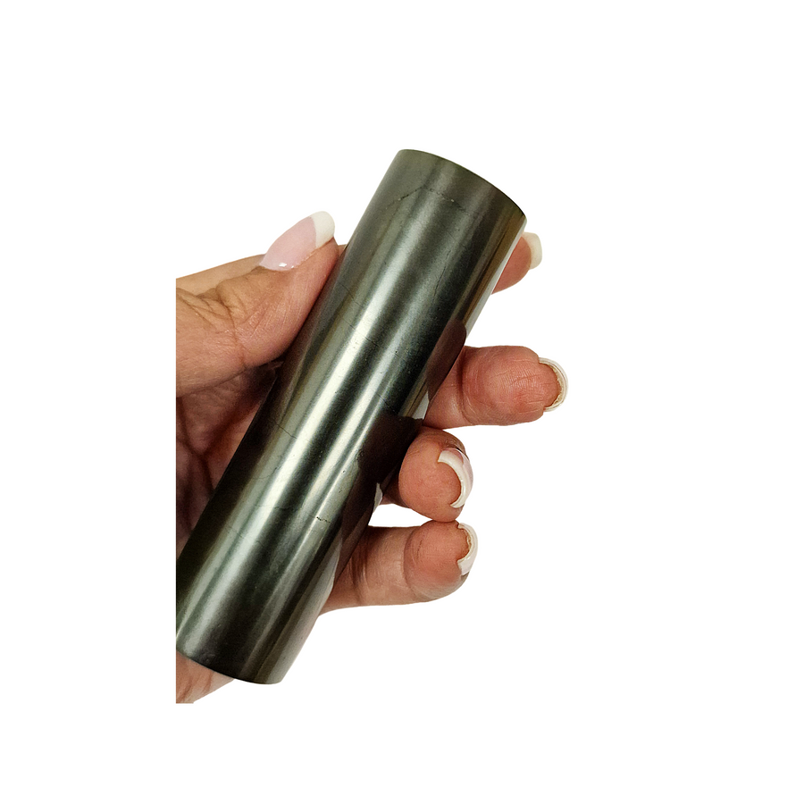 Side view of Shungite Cylinder 10cm on white background, spiritual grounding crystal for EMF shielding and harmony