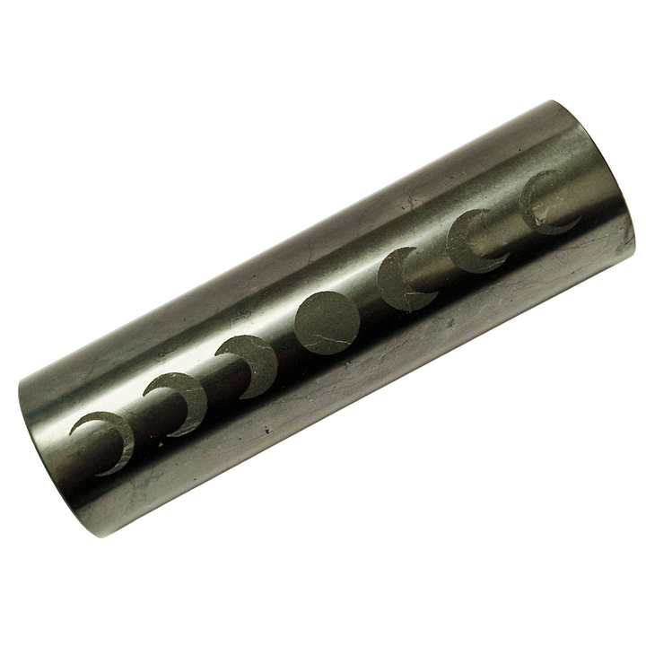 Side view of Shungite Cylinder 10cm on white background, EMF protection and grounding crystal with moon phase design