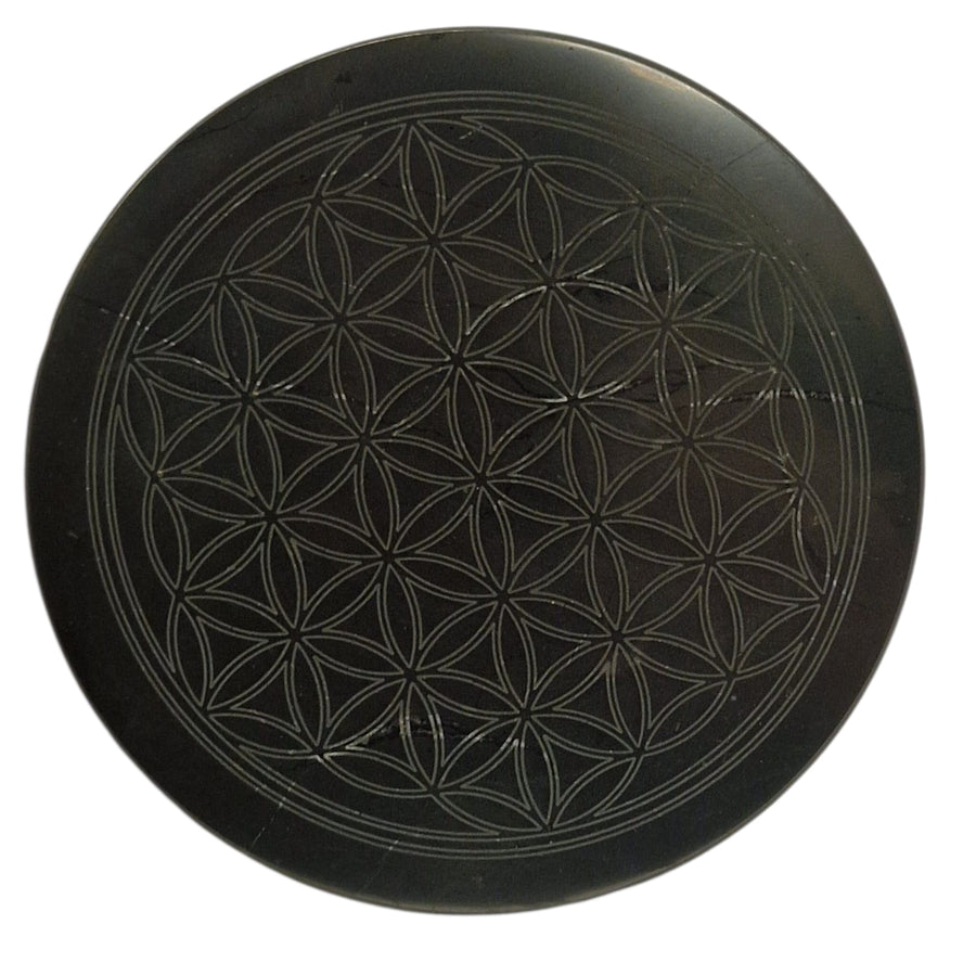 Shungite 10cm square disc with Tree of Life engraving on white background, charging plate for crystals and jewellery