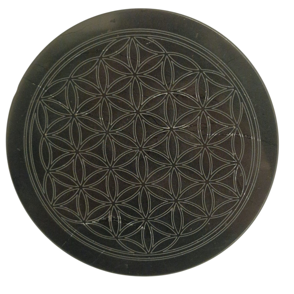 Shungite 10cm square disc with Tree of Life engraving on white background, charging plate for crystals and jewellery