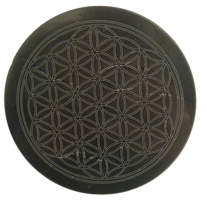 Shungite 10cm square disc with Tree of Life engraving on white background, charging plate for crystals and jewellery