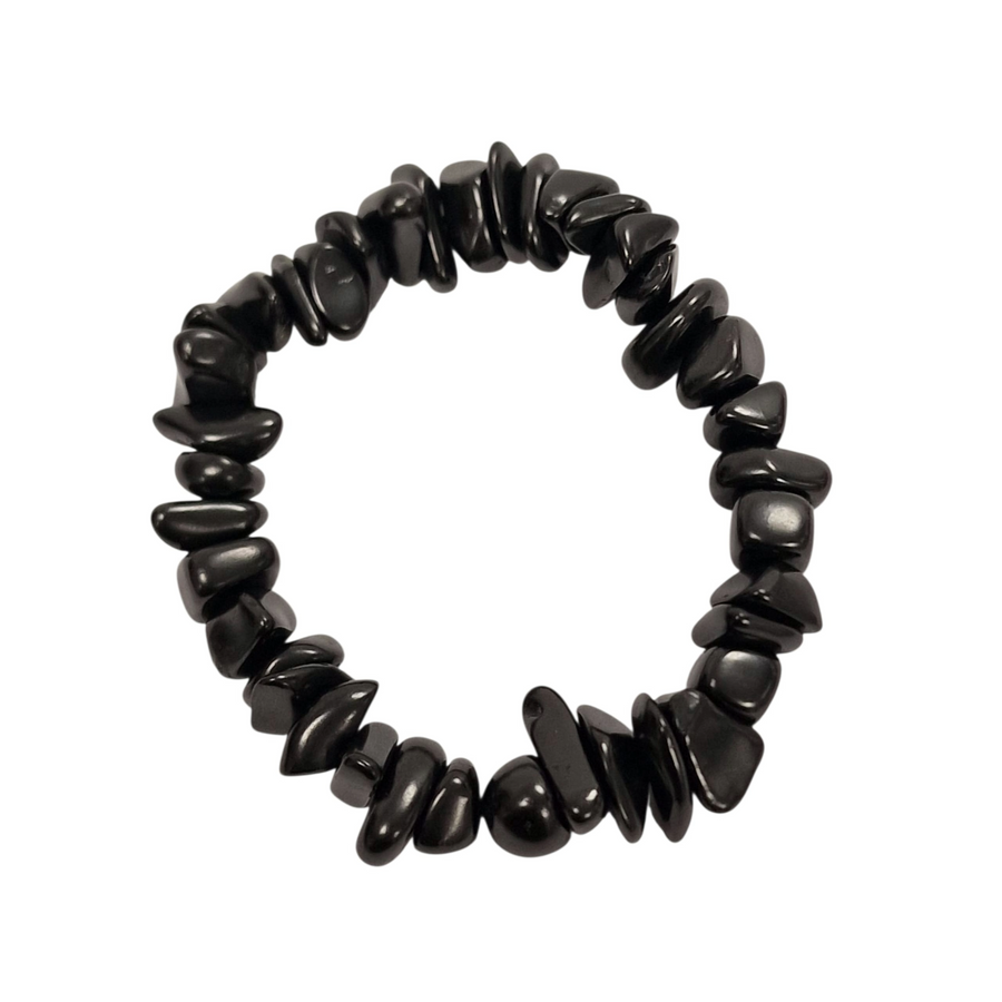 Shungite gem chip bracelet on white background, natural stone energy protection jewellery