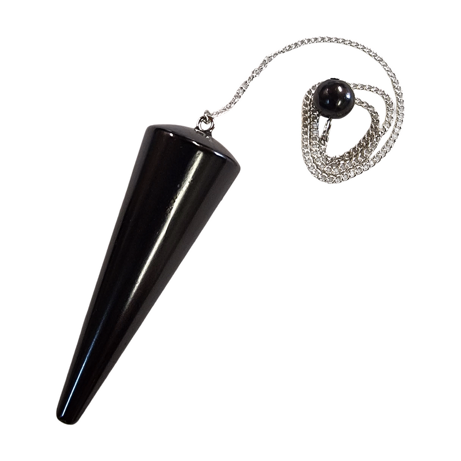 Shungite pendulum with smooth tip on white background, wearable crystal necklace and divination tool